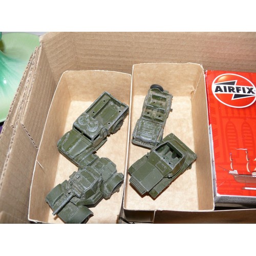 100 - BOX OF DINKY MILITARY VEHICLES PLUS AN AIRFIX MARY ROSE 1/400 SCALE MODEL