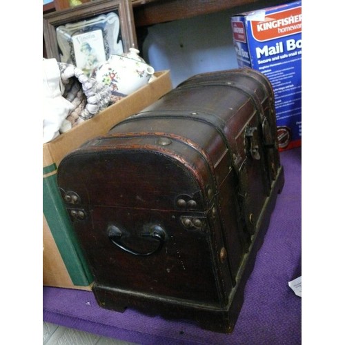 141 - SMALL WOODEN STORAGE CHEST WITH FAUX LEATHER BANDING