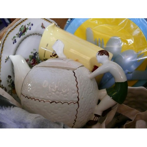 143 - LARGE MIXED BOX WITH DENBY GREEN WHEAT EGG CUPS, ROYAL DOULTON OLD LEEDS SPRAY TEAPOT (DAMAGE TO LID... 