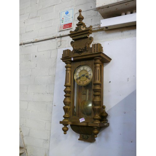 159A - VICTORIAN GOLD PAINTED ORNATE WALL CLOCK WITH KEY AND PENDULUM