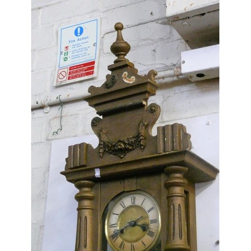 159A - VICTORIAN GOLD PAINTED ORNATE WALL CLOCK WITH KEY AND PENDULUM