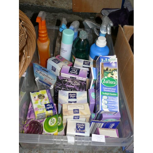 172 - LARGE BOX OF FRAGRANCE DIFFUSERS, REFILLS AND HOUSEHOLD CLEANING PRODUCTS