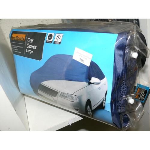 196 - A PAIR OF HALFORDS FRONT CAR SEAT COVERS PLUS A LARGE CAR COVER, APEAR NEW IN PACKETS