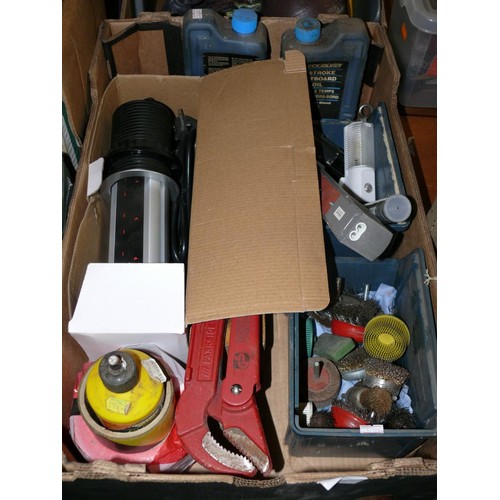 203 - MIXED TOOLS AND HARDWARE  INCLUDES 2 STROKE OIL, RING DOOR BELL, FLUSH MOUNTING WORKTOP SOCKET, VERY... 