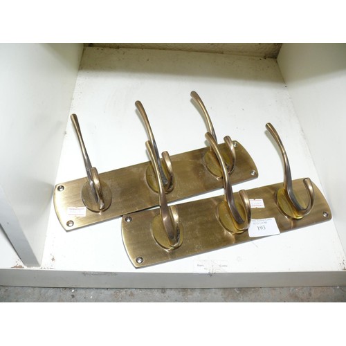 193 - 2 SETS OF 3 HEAVY BRASS COAT HOOKS