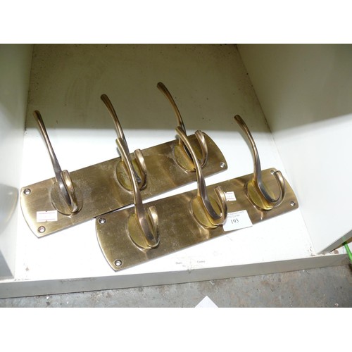 193 - 2 SETS OF 3 HEAVY BRASS COAT HOOKS