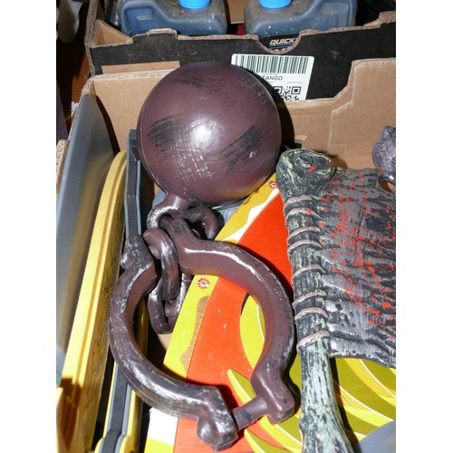 257 - BOX OF TOY DRESS UP KNIGHT ACCESSORIES HELMETS, SWORDS ETC