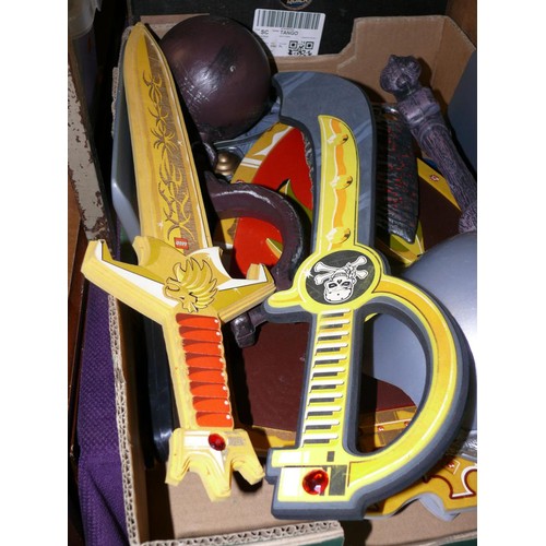 257 - BOX OF TOY DRESS UP KNIGHT ACCESSORIES HELMETS, SWORDS ETC