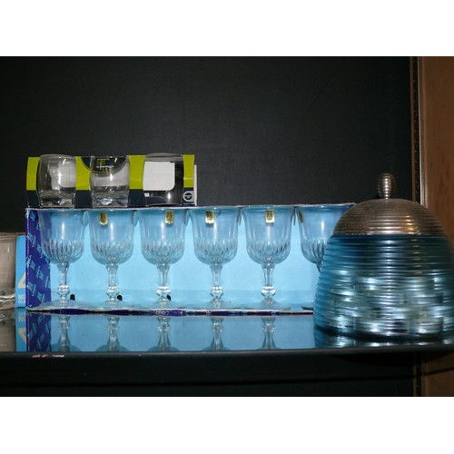 265 - COLLECTION OF BOXED GLASSWARE, AMETHYST TEARDROP GLASS BOWL, TUMBLERS, SHOT GLASSES ETC