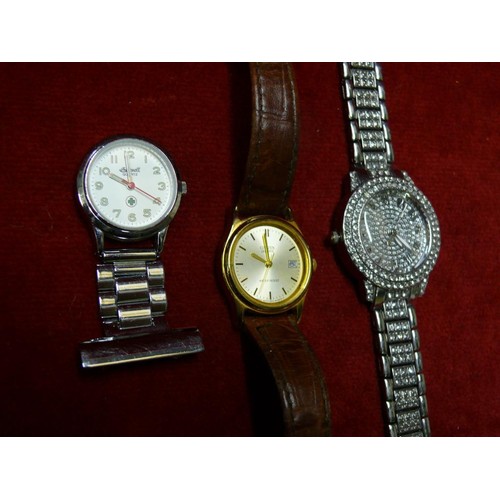 9 - LADIES CITIZEN WATCH WITH DATE APERTURE, WORKING, NURSES FOB WATCH BY INGERSOLL WORKING AND A SILVER... 