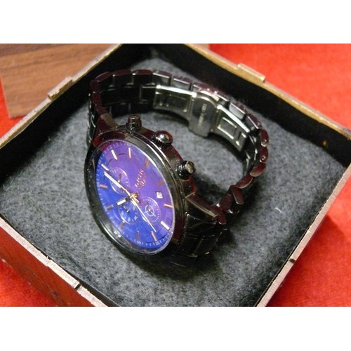 10 - A STYLISH LIGE CHRONOGRAPH WATCH WITH BLUE DIAL AND GLOSS BLACK STRAP - GERMAN MAKE, WORKING ORDER -... 