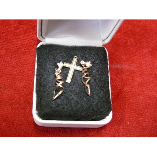 17 - PAIR 9CT GOLD HELIX DESIGN EARRINGS AND A GILT METAL CROSS