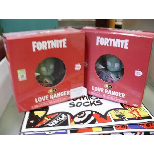 315 - NEW BOXED COMIC BOOK SOCKS AND 2 FORTNITE LOVE RANGER BOBBLE HEADS