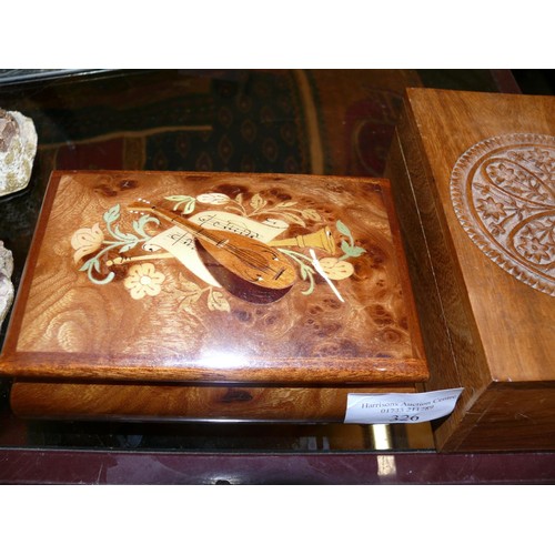 326 - 3 WOODEN BOXES 1 WITH MARQUETRY INLAY, 1 WITH HAND CARVED DECORATION AND 1 SPAINISH HANDPAINTED