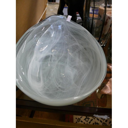 330 - LARGE WHITE ART GLASS BOWL, BLACK STRIPED ART GLASS VASE, METAL LEAF DISH AND A LADY CANDLE FIGURE