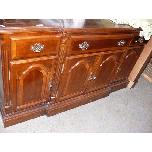 442 - LONG DARK WOOD SIDEBOARD WITH BRASS HANDLES