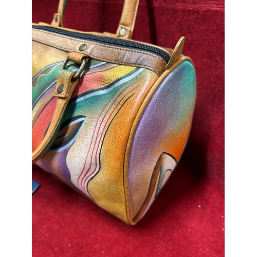 51C - A HIGH QUALITY LEATHER HAND PAINTED HANDBAG BY ANUSCHKA WITH OUTER BAG - APPEARS ALMOST NEW WITH TAG... 