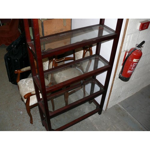 456 - LARGE DARK WOOD GLASS SHELVING