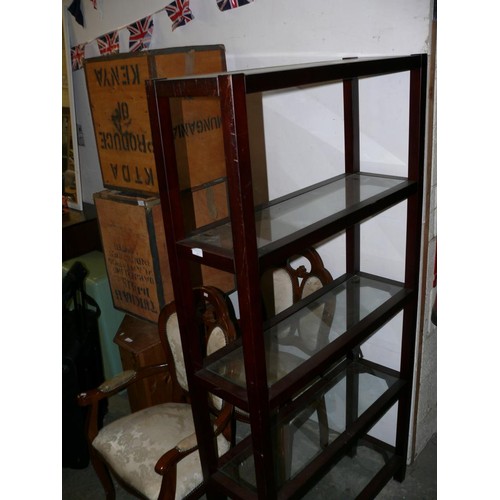 456 - LARGE DARK WOOD GLASS SHELVING