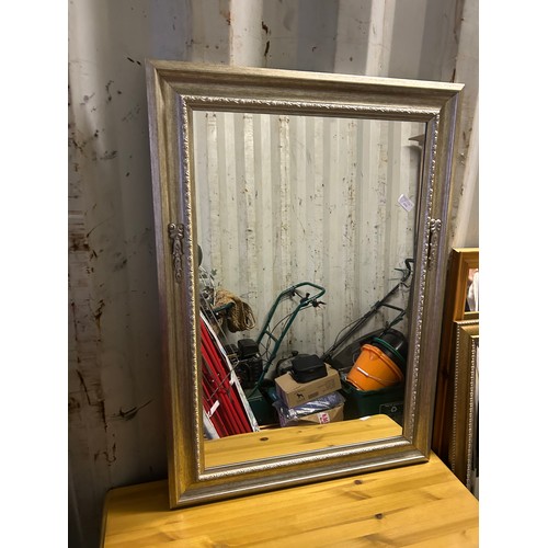 410 - LARGE MIRROR WITH SILVER FINISHED WOODEN FRAME, 2 PINE FRAMED MIRRORS, LARGE GILT FRAMED MIRROR AND ... 