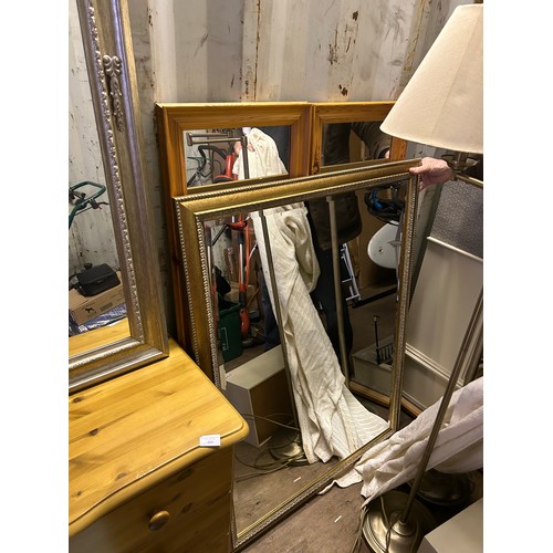 410 - LARGE MIRROR WITH SILVER FINISHED WOODEN FRAME, 2 PINE FRAMED MIRRORS, LARGE GILT FRAMED MIRROR AND ... 