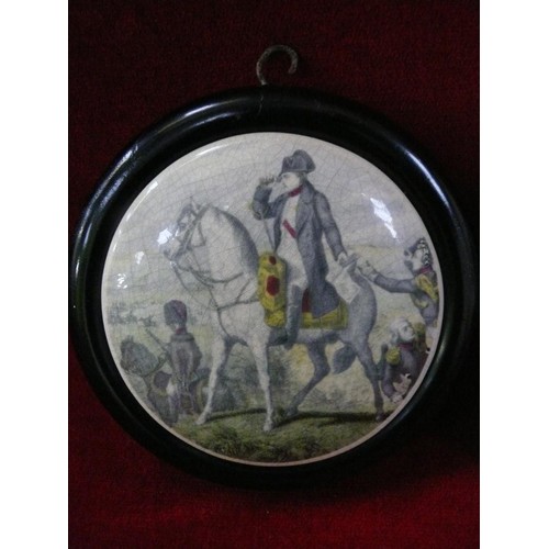 34 - Two 19th century Staffordshire Pratt Ware pot lids in frames, one of Napoleon, one of duke of Marlbo... 