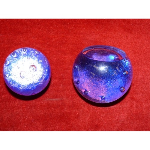 32 - Pair of vintage glass paperweights with blue bubble decoration. The larger has a flat top panel etch... 