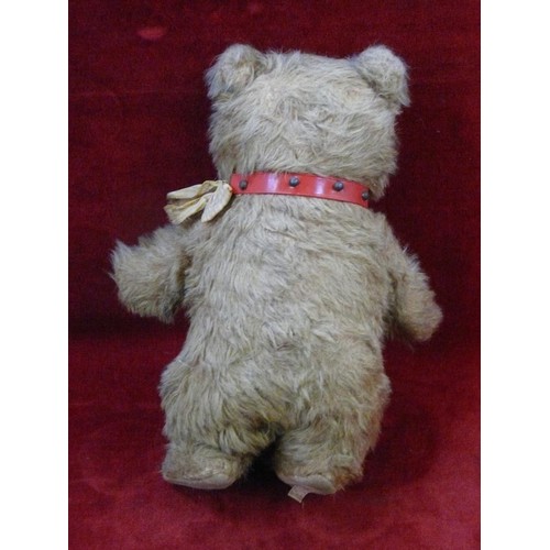 28 - Vintage 'Chiltern hygienic toys' teddy bear with a red studded collar.