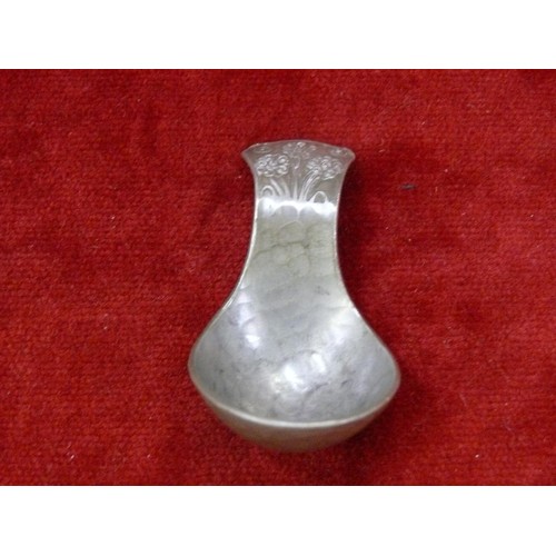 16 - Arts & crafts pewter caddy spoon by J.H. Green of Saffron Walden. Planished ladle form with embossed... 