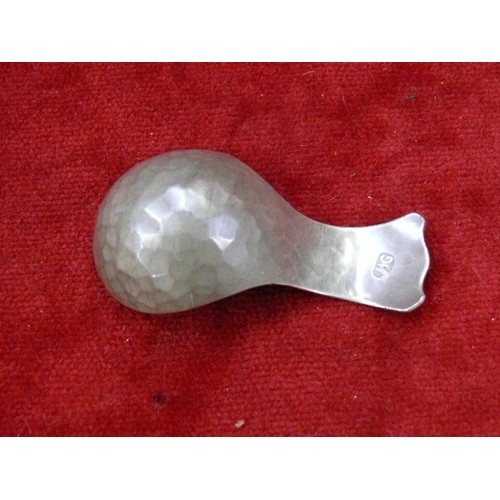 16 - Arts & crafts pewter caddy spoon by J.H. Green of Saffron Walden. Planished ladle form with embossed... 