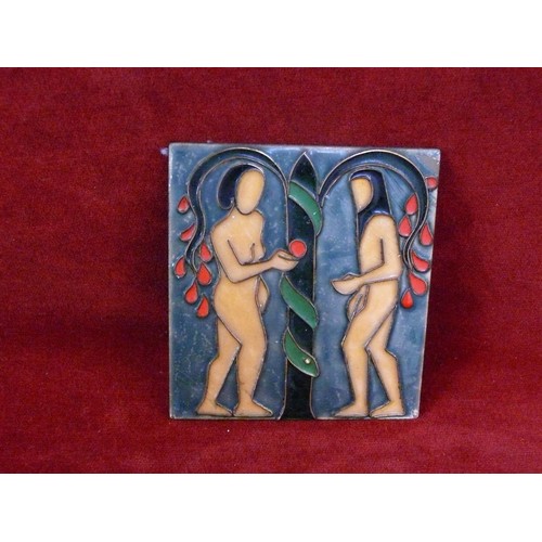 19 - Copper and enamel art tile plaque, depicting Adam & Eve picking the apple. By Anne Murphy (Eala enam... 