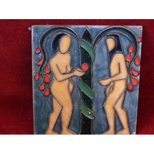 19 - Copper and enamel art tile plaque, depicting Adam & Eve picking the apple. By Anne Murphy (Eala enam... 