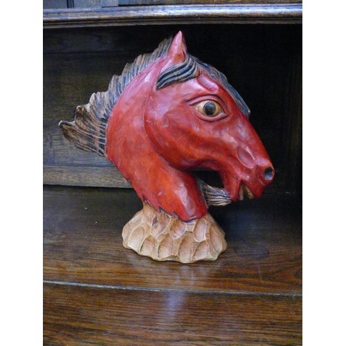 1 - Large Hand carved wooden bust of a horse with foal. Signed to base.