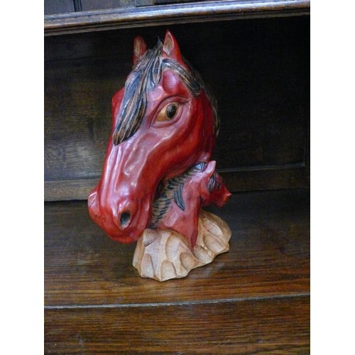 1 - Large Hand carved wooden bust of a horse with foal. Signed to base.