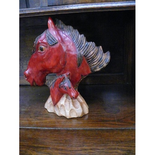 1 - Large Hand carved wooden bust of a horse with foal. Signed to base.