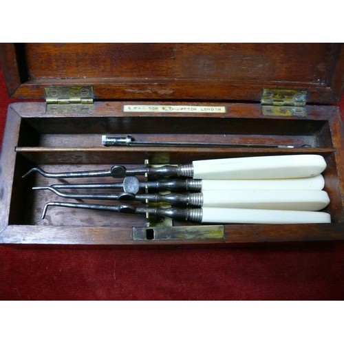 11 - Antique dental pick set with ivorine handles, in original mahogany case with makers label for S. Maw... 