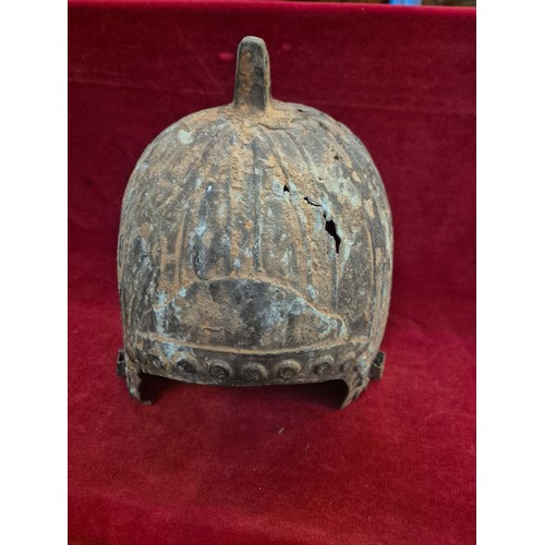 13 - Antique Chinese bronze foot soldiers helmet.
Purportedly from the late Western Zhou Dynasty (1046-77... 