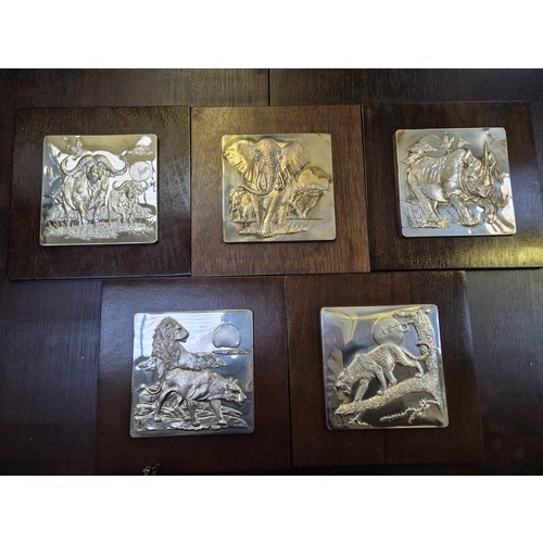 9 - Set of five Anthony Jones African Animal commorative pictures in stirling silver, titled 'The Lords ... 