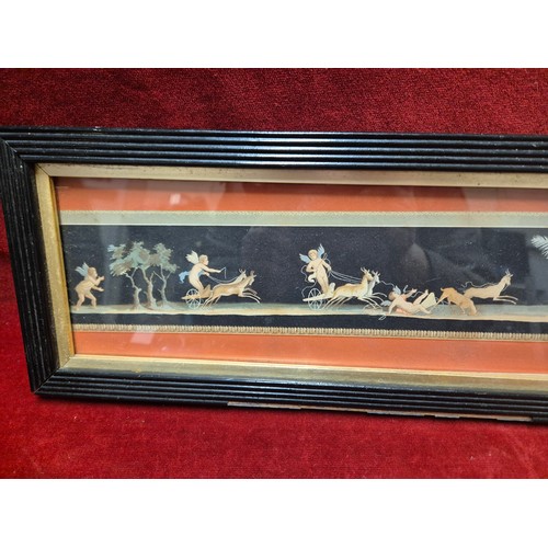 35 - Italian Pompeii La Corsa Francione Gouache painting in frame, depicting cherubs, chariots & deer.