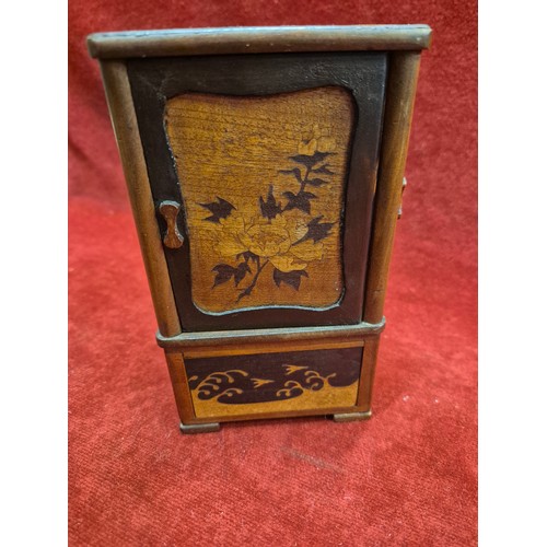 37 - Japanese wooden marquetry cigarette box cabinet, inlaid with Mt. Fuji, flowers and rolling waves.