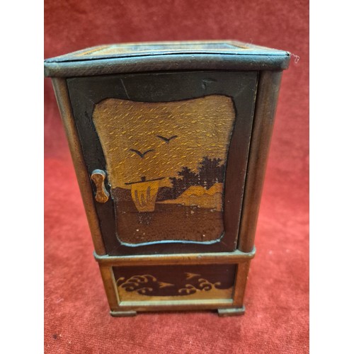 37 - Japanese wooden marquetry cigarette box cabinet, inlaid with Mt. Fuji, flowers and rolling waves.