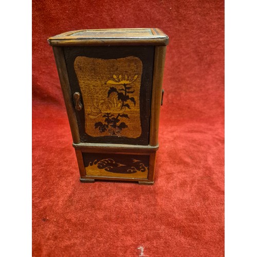 37 - Japanese wooden marquetry cigarette box cabinet, inlaid with Mt. Fuji, flowers and rolling waves.