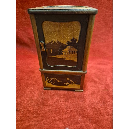 37 - Japanese wooden marquetry cigarette box cabinet, inlaid with Mt. Fuji, flowers and rolling waves.