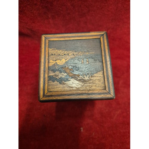 37 - Japanese wooden marquetry cigarette box cabinet, inlaid with Mt. Fuji, flowers and rolling waves.