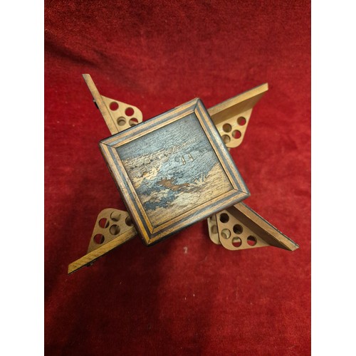 37 - Japanese wooden marquetry cigarette box cabinet, inlaid with Mt. Fuji, flowers and rolling waves.