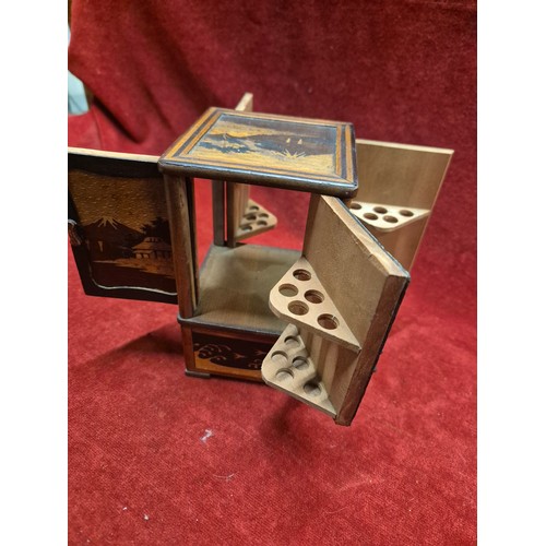 37 - Japanese wooden marquetry cigarette box cabinet, inlaid with Mt. Fuji, flowers and rolling waves.