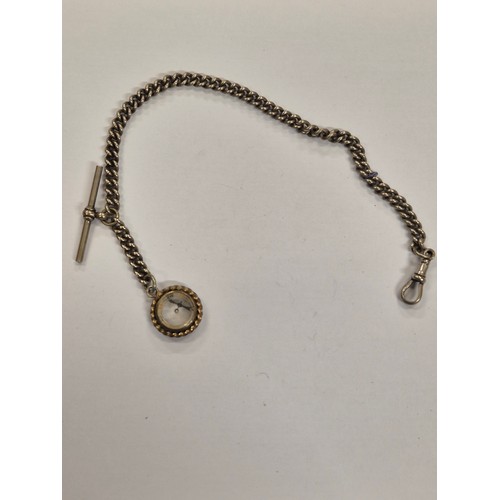 14E - A silver plated pocket watch chain with T bar and compass fob.