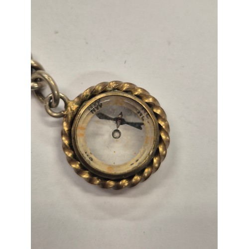 14E - A silver plated pocket watch chain with T bar and compass fob.