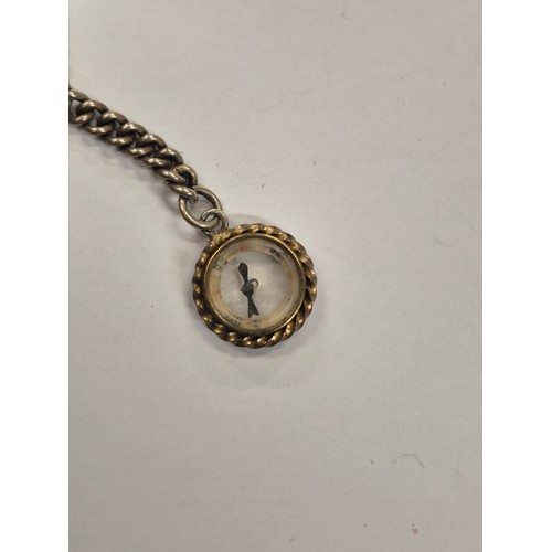 14E - A silver plated pocket watch chain with T bar and compass fob.