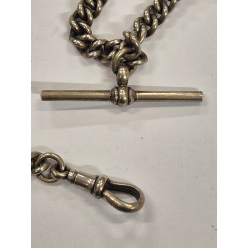 14E - A silver plated pocket watch chain with T bar and compass fob.